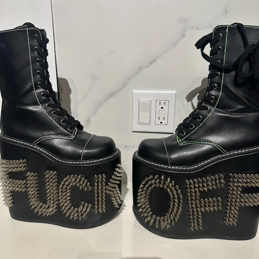 Dolls Kill Never Censored F off Black Platform Boots with Studs